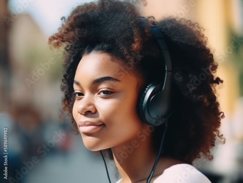 Young beautiful woman in headphones enjoying life outdoor. Happy african american student girl listening to music in a city. Summer fun, student lifestyle, city life, travel concept