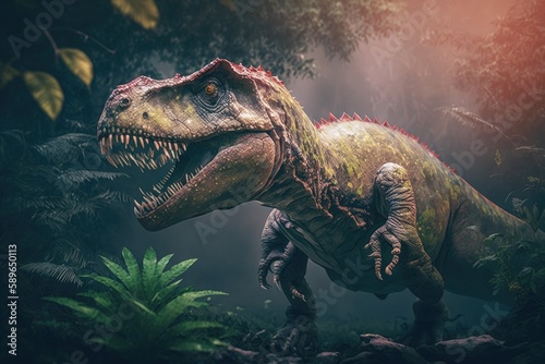 Megalosaurus Colorful Dangerous Dinosaur in Lush Prehistoric Nature by Generative AI photo