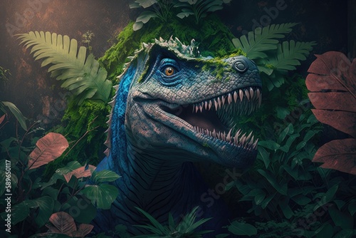 Miragaia Colorful Dangerous Dinosaur in Lush Prehistoric Nature by Generative AI photo