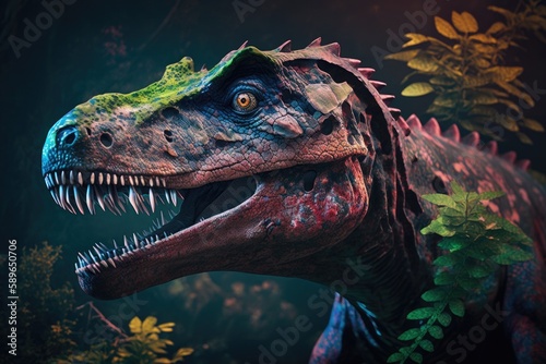 Proceratosaurus Colorful Dangerous Dinosaur in Lush Prehistoric Nature by Generative AI photo