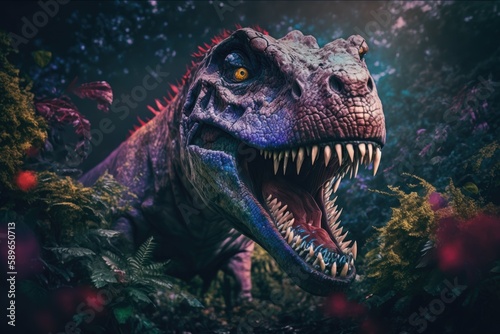 Proceratosaurus Colorful Dangerous Dinosaur in Lush Prehistoric Nature by Generative AI photo