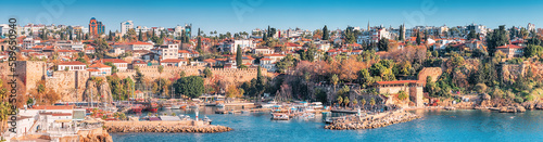 Panoramic view of the picturesque bay with marina port with yachts near the old town of Kaleici in Antalya. Turkish Riviera and resort paradise