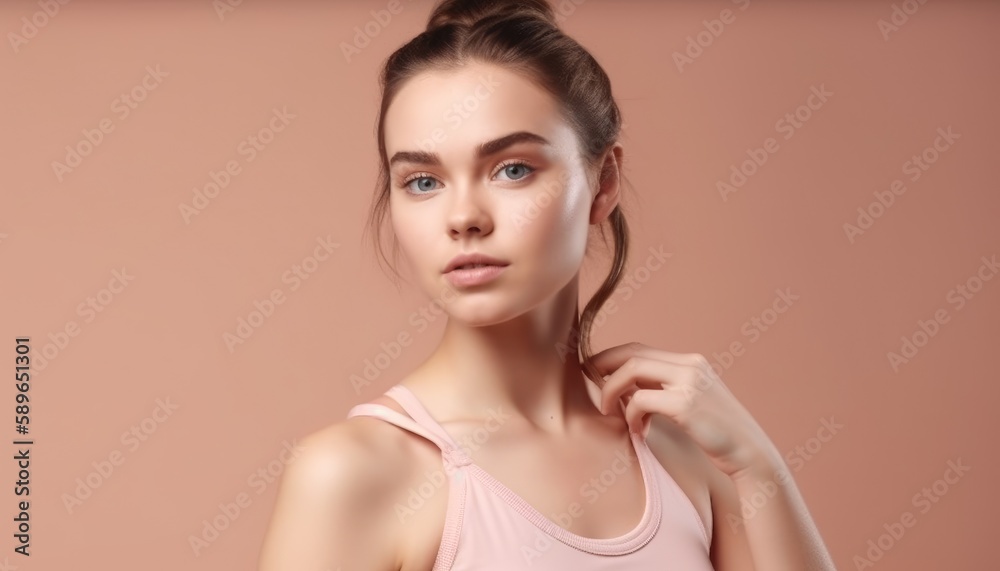 Woman with beautiful and healthy skin touching her face after using cosmetics. Sportswear colorful background. Generative AI Woman with beautiful and healthy skin touching her face after using cosmetics. Sportswear colorful background. Generative AI