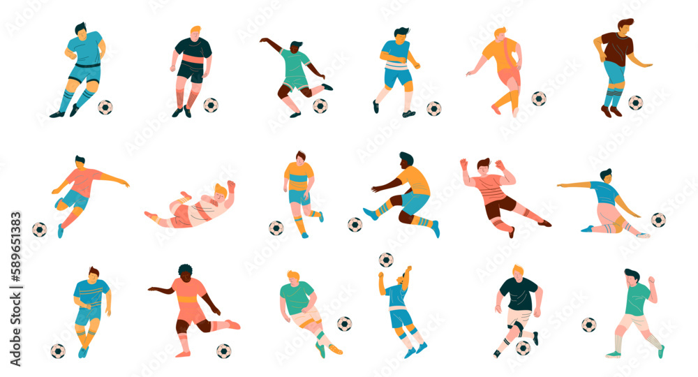 Football or Soccer Man Player in Uniform Passing and Kicking Ball Scoring Vector Set