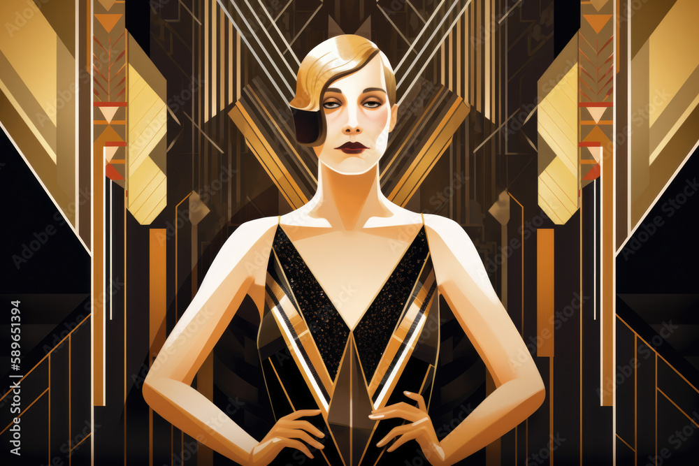 Art Deco-inspired portrait of a confident woman in a sleek evening gown ...