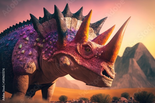 Stegoceras Colorful Dangerous Dinosaur in Lush Prehistoric Nature by Generative AI photo