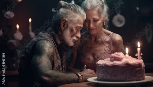 in love, an adult couple of happy beautiful people, a man and a girl, a woman celebrate a holiday, anniversary with a cake. Friends in a hotel restaurant. Generative AI.
