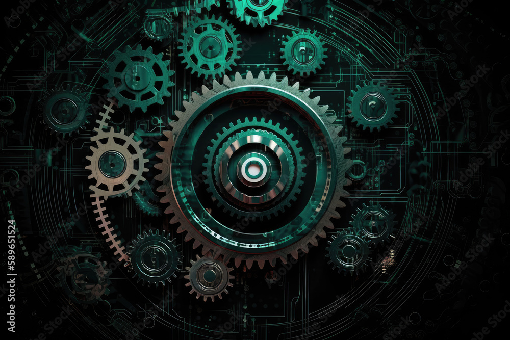 Gear wheel on circuit board. Generative AI.