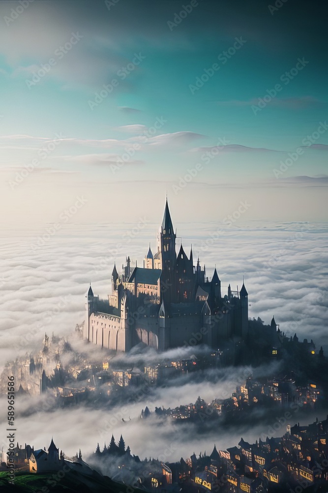 Fototapeta premium Citadel in the clouds, big old castle, generative ai art illustration 14