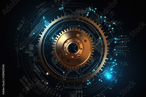 Gear wheel on circuit board. Generative AI.
