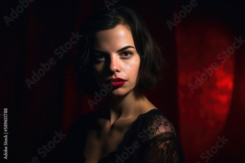 attractive and fascinating woman with red lips and mysterious expression in a dimly lit room, generative ai