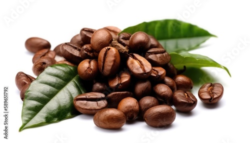 Photo close-up roasted coffee beans with fresh leaves isolated on white background. Generative AI