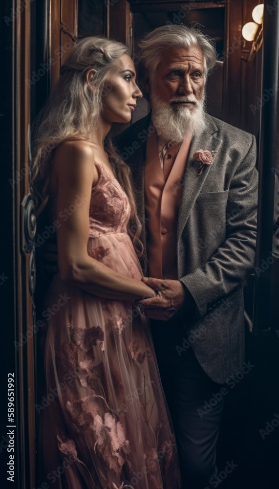 in love, an adult couple of happy beautiful people, a man and a girl, a woman are hugging in a restaurant at the hotel. Generative AI. in love, an adult couple of happy beautiful people, a man and a girl, a woman are hugging in a restaurant at the hotel. Generative AI.