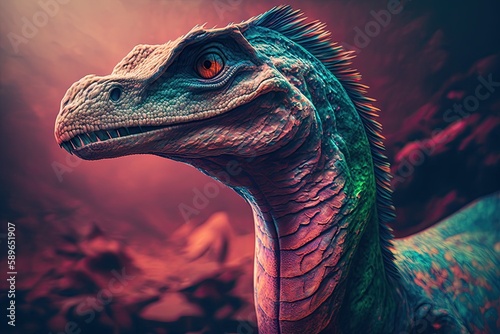 Therizinosaurus Colorful Dangerous Dinosaur in Lush Prehistoric Nature by Generative AI photo