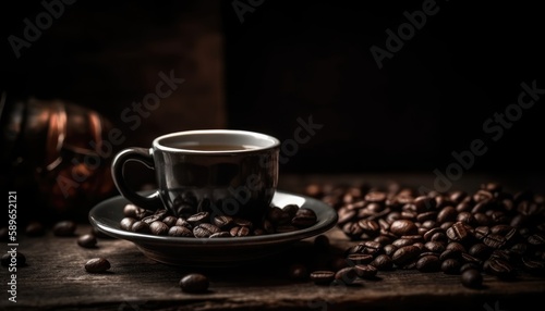 Cup of coffee and coffee beans on old wooden table and black grunge background. Generative AI