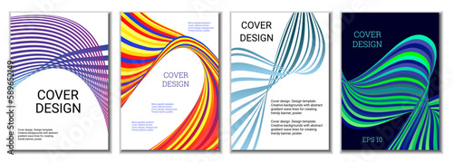 A set of 4 abstract covers. Wavy parallel gradient lines, ribbons evolve. Cover design, background. Trendy banner, poster.