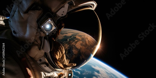 earth reflects in helmet of astronaut, looking on earth,  spaceship, generative ai