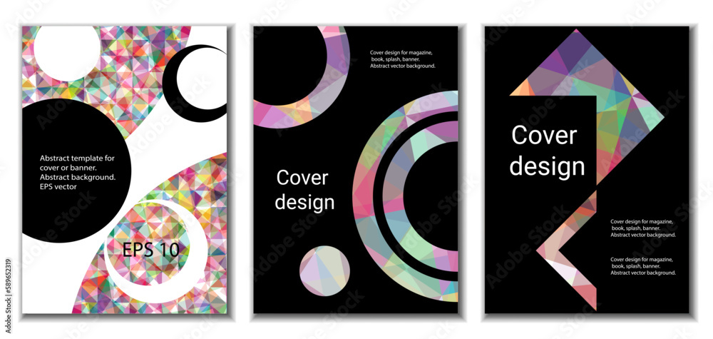 Fototapeta premium Cover design. Set of 3 covers. Imitation of crumpled paper. Unusual bright abstract background for magazine, book, splash, banner, vector. Imitation of crumpled paper