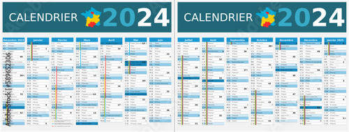 Calendrier 2024 14 mois au format 320 x 420 mm recto verso entièrement modifiable via calques et texte sans serif - vacances officielles