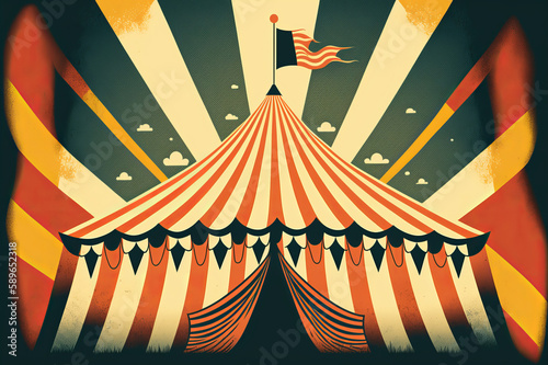 Graphical illustration of a circus tent adorned with colorful flags and lights. Bold shapes and vibrant colors represent the energy and excitement of the circus. Generative AI