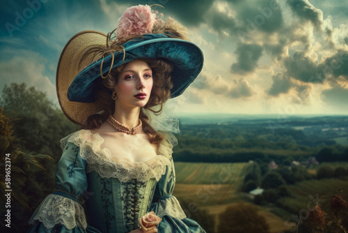 beautiful Rococo portrait of a lady, set against a scenic countryside background, wearing a sumptuous dress and a wide-brimmed hat, generative ai