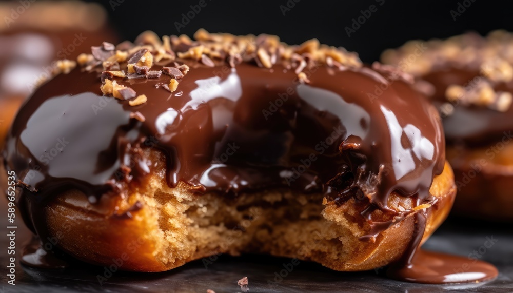 A close-up photo of the chocolate coating on the donut. Generative AI A close-up photo of the chocolate coating on the donut. Generative AI