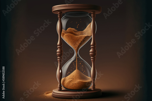 Classic hourglass with flowing sand. Sense of history and tradition evoked through limited colors, realistic style and emphasis on precise details. Generative AI