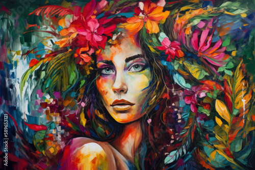 Bold and vibrant portrait of a woman with flowing hair, adorned with exotic floral accessories and surrounded by a jungle of colorful foliage, generative ai