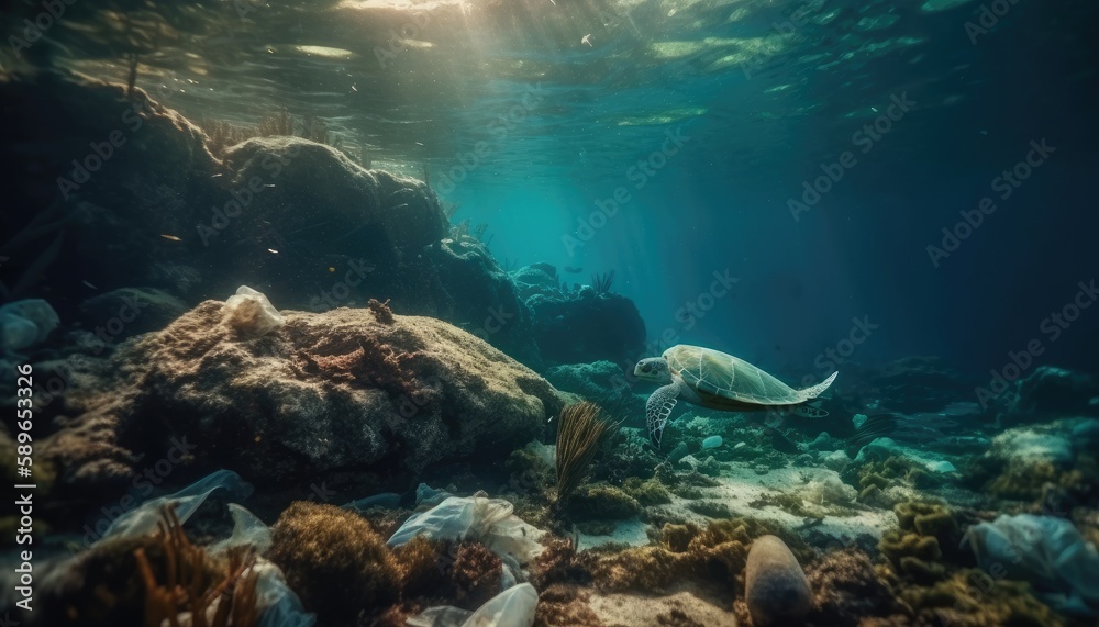 Under the ocean, a photo with garbage, caretta caretta and fish.  Environmental pollution concept. Generative AI