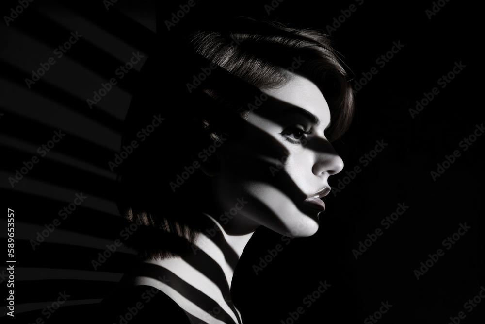Obraz premium Bold portrait of a woman with minimalist lines and dramatic shadows, generative ai