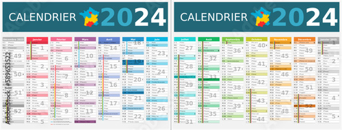 Calendrier 2024 14 mois au format 320 x 420 mm recto verso entièrement modifiable via calques et texte sans serif - vacances officielles