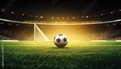 Soccer ball standing in the middle of the soccer field under the evening spotlights. Generative AI © Mustafa