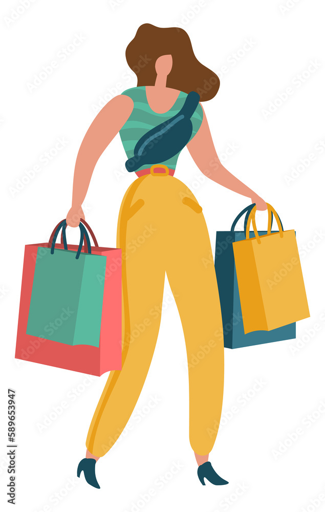 Woman carrying shopping bags. Shopaholic with purchases