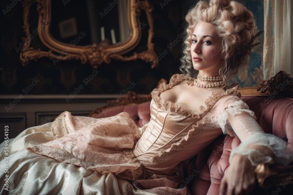 Charming portrait of a young woman with delicate features, adorned with a powdered wig and a lacy dress, sitting on a lavish sofa in an opulent Rococo salon, generative ai