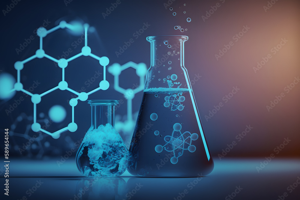 beaker and flask in science laboratory with chemical structure blue