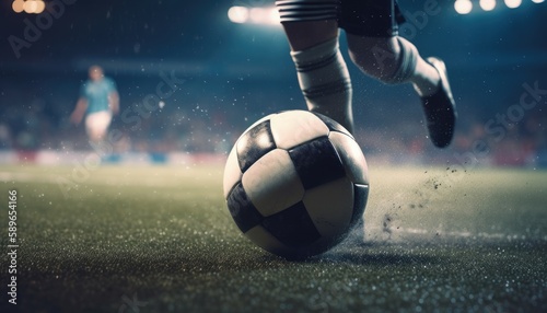 Foot of football player hitting soccer ball fast in stadium. Generative AI © Mustafa