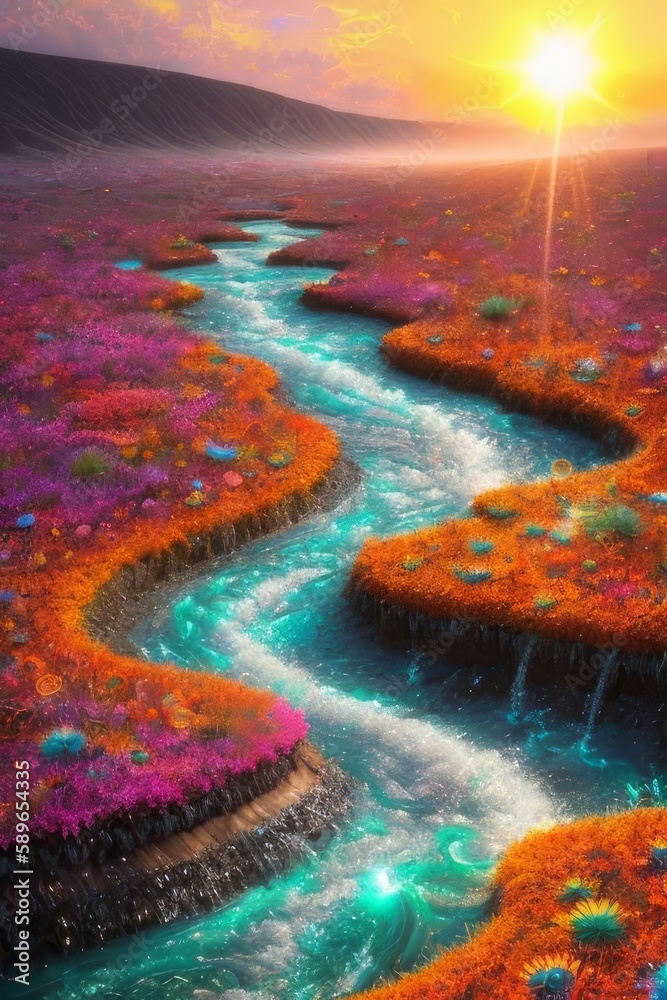 A winding stream of water, a magical river, fantastic nature, generative ai art illustration 14