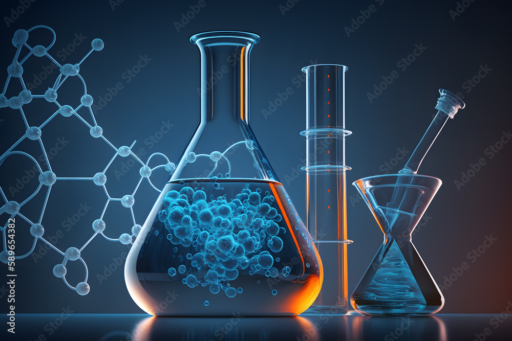 beaker and flask in science laboratory with chemical structure blue ...
