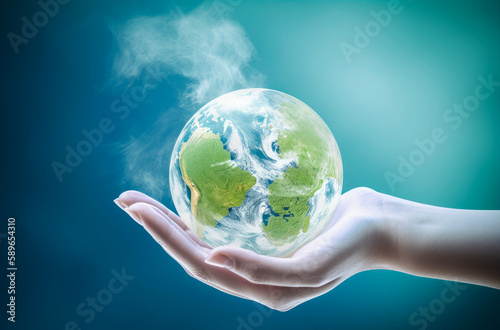 Globe in hands over blue sky background. Earth day concept.Save of earth. Generative ai 