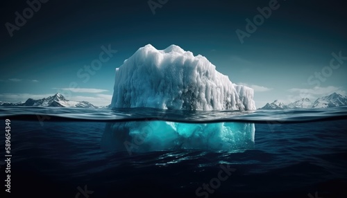 Beautiful iceberg in the ocean with a view under water. Global warming concept. Generative AI