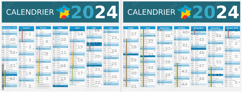 Calendrier 2024 14 mois au format 320 x 420 mm recto verso entièrement modifiable via calques et texte sans serif - vacances officielles