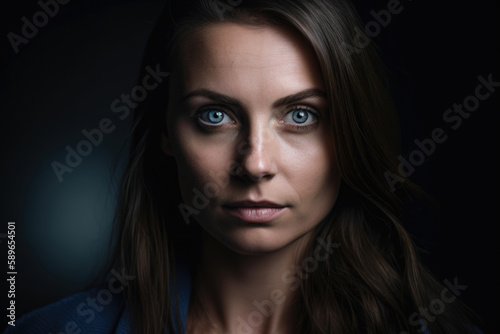 Close-up portrait of a confident woman with piercing blue eyes and flowing brunette hair, standing in front of a dark background, generative ai