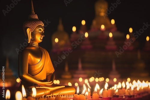 Buddha statue with candles around and blurred temple on the background on dark night, asian eastern religion holidays. generative ai