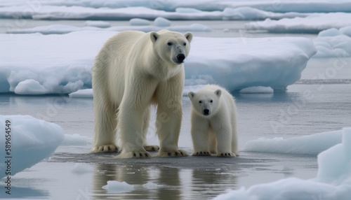 Photograph of a polar bear and its cub, which was left in the middle of the glaciers as the ice melted. Generative AI