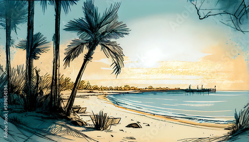 Sketch of a calm beach landscape showing blue water, the sand, and palm trees at sunrise. Generative ai.