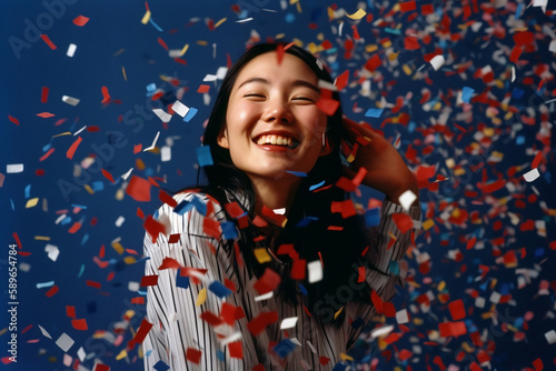 excited happy asian woman in red white and blue confetti rain celebrating - Generative AI