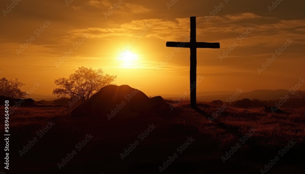 Good friday theme with cross silhouette on golden sunset sky. Generative AI