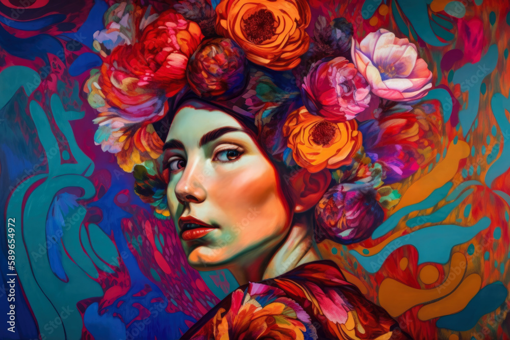 Colorful portrait of a woman with a floral headpiece in Synthetism style, against a vivid background of swirling patterns, generative ai