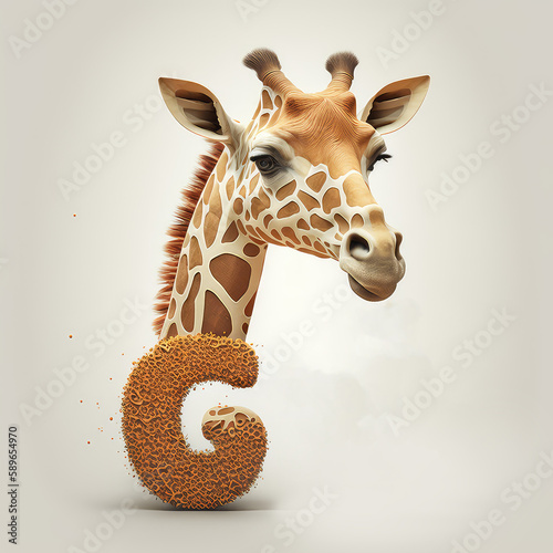Cute small giraffe in cartoon style near big letter G on white background. children alphabet. AI generative