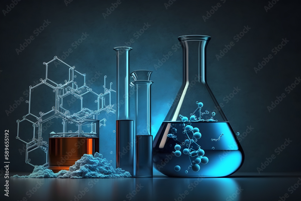 beaker and flask in science laboratory with chemical structure blue ...